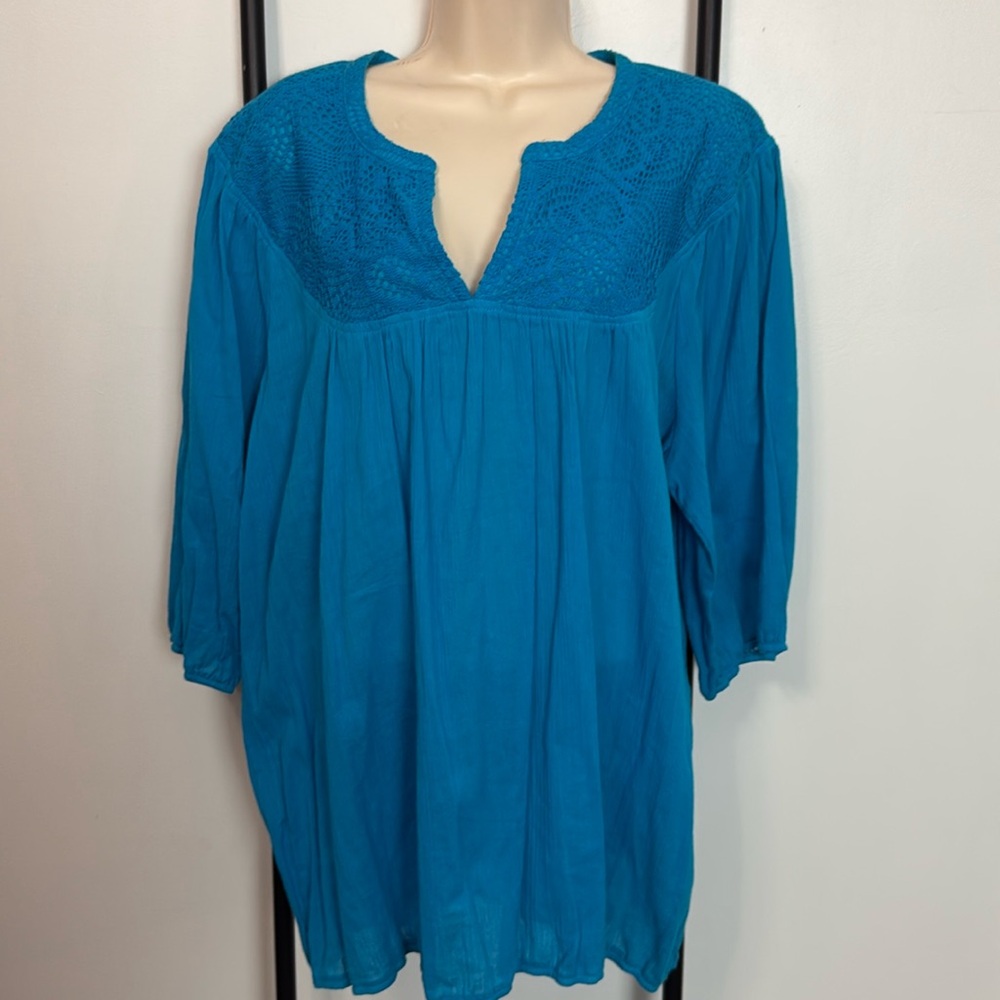 Just My Size Lace Gauze Aqua Blue Relax Fit Top Blouse Women Size 3X New